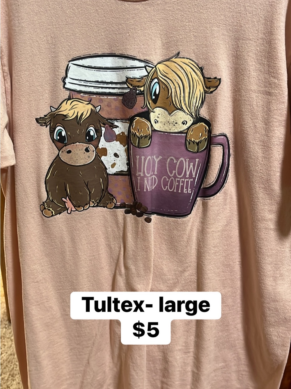 Tultex Pink Graphic Short Sleeve Tee with Cow Coffee Art